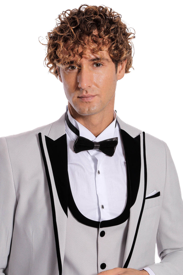 Esmoquin Hombre Gris Con Solapa Terciopelo Estampado - Wessi