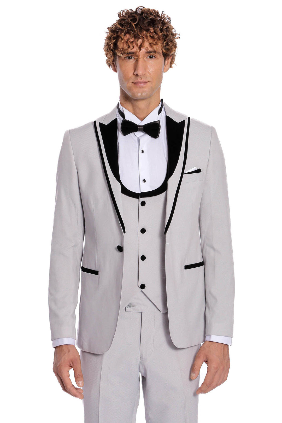 Esmoquin Hombre Gris Con Solapa Terciopelo Estampado - Wessi