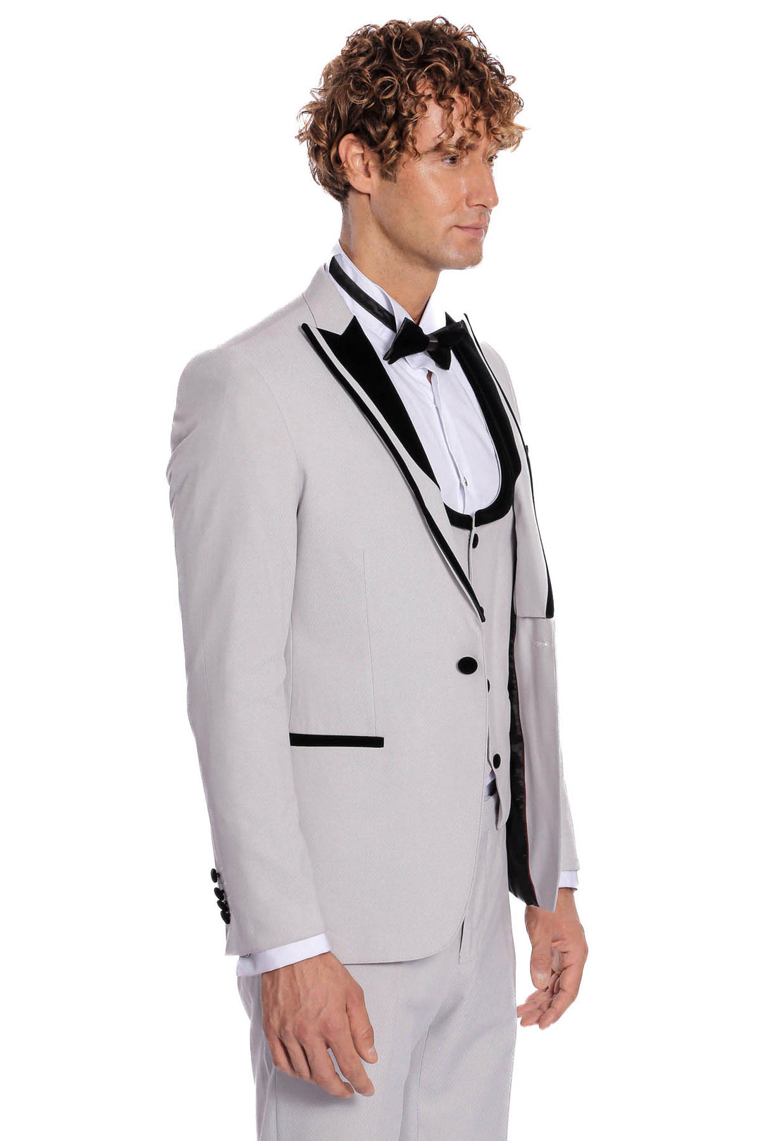 Esmoquin Hombre Gris Con Solapa Terciopelo Estampado - Wessi