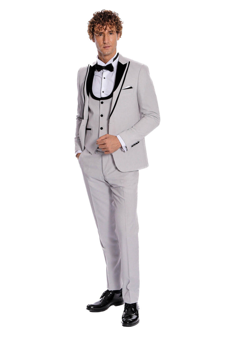 Esmoquin Hombre Gris Con Solapa Terciopelo Estampado - Wessi
