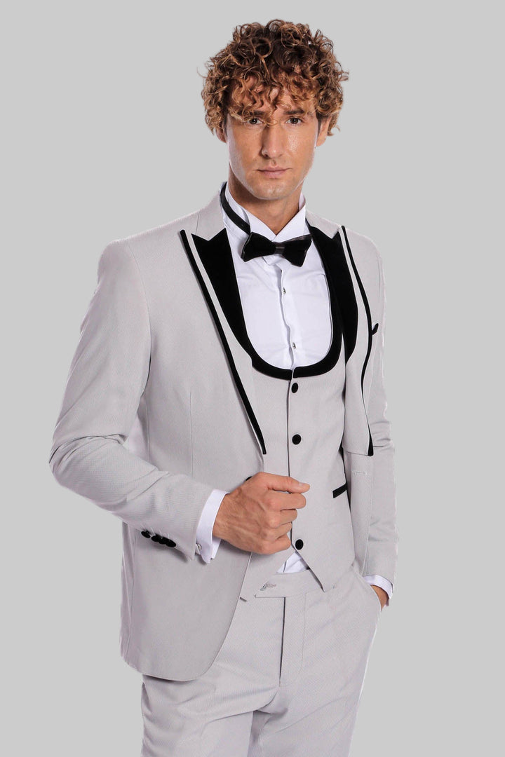 Esmoquin Hombre Gris Con Solapa Terciopelo Estampado - Wessi
