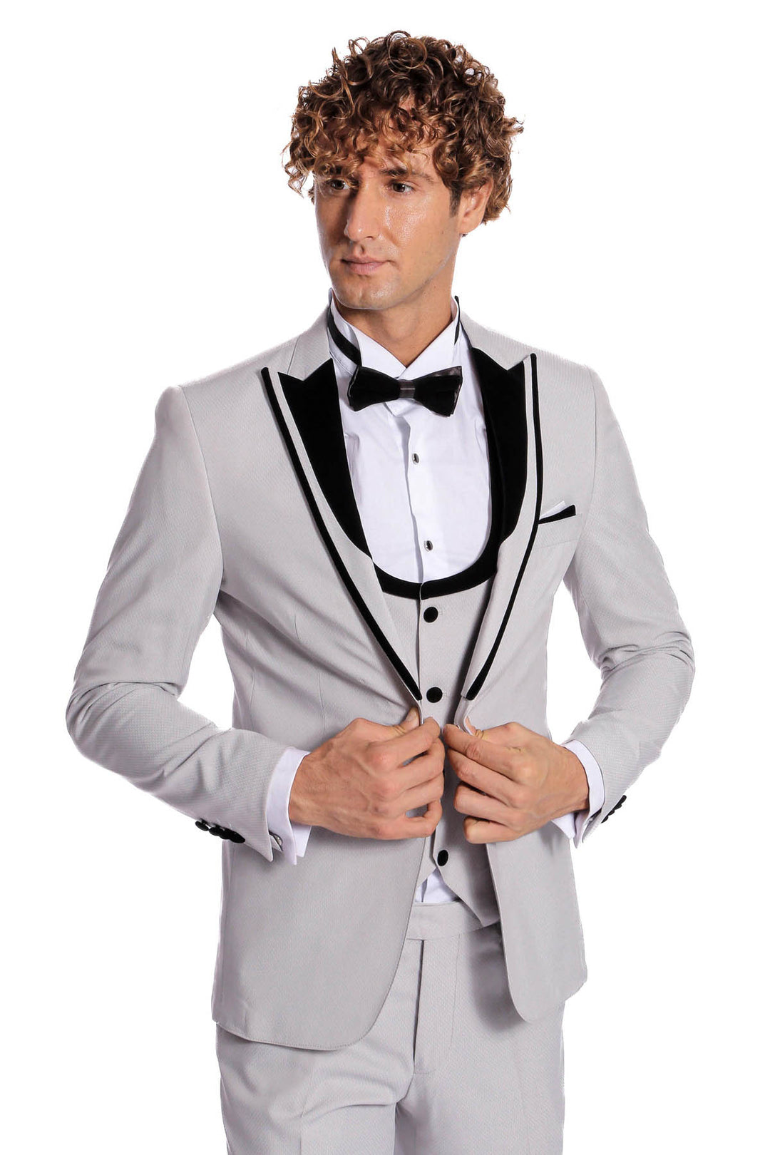 Esmoquin Hombre Gris Con Solapa Terciopelo Estampado - Wessi