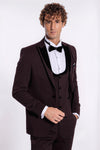 Smoking da uomo bordeaux con motivo gilet con risvolto in velluto - Wessi