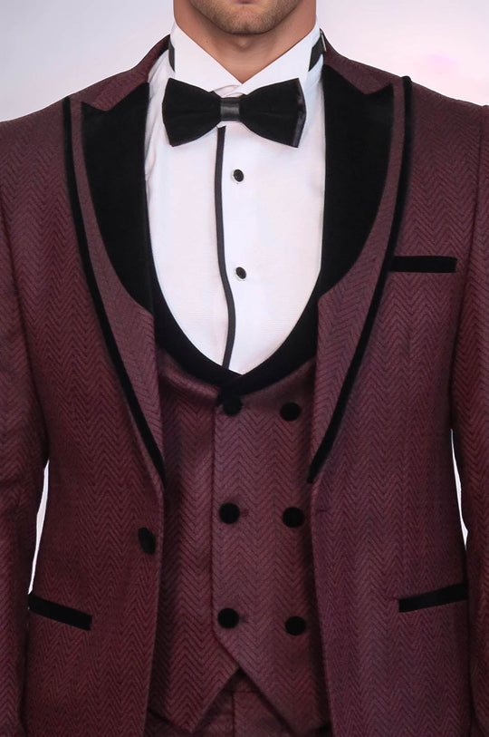 Esmoquin Hombre Terciopelo Solapa Estampado Burdeos - Wessi