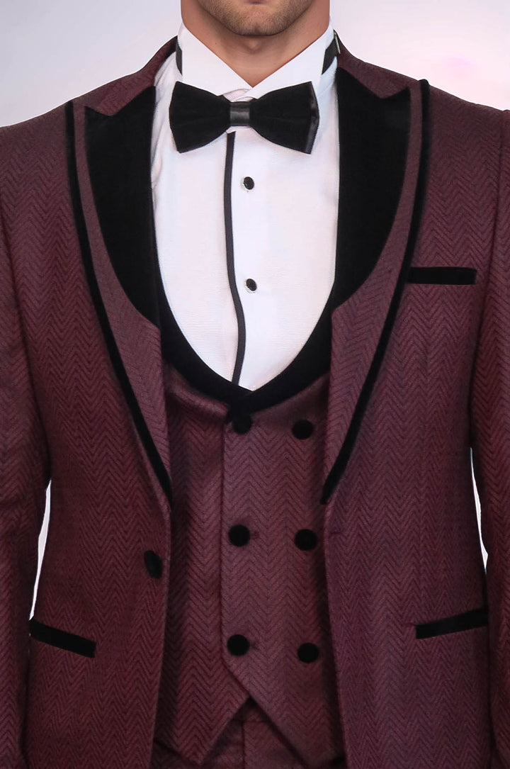 Smoking Homme Bordeaux à Motifs à Revers en Velours - Wessi
