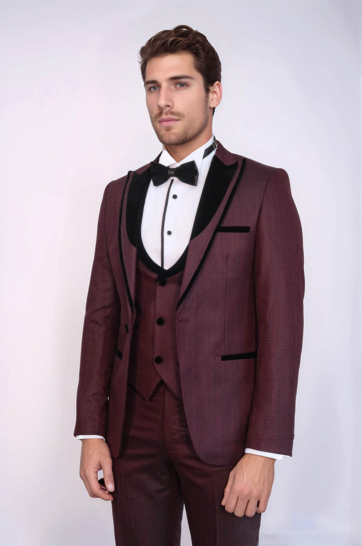 Smoking Homme Bordeaux à Motifs à Revers en Velours - Wessi