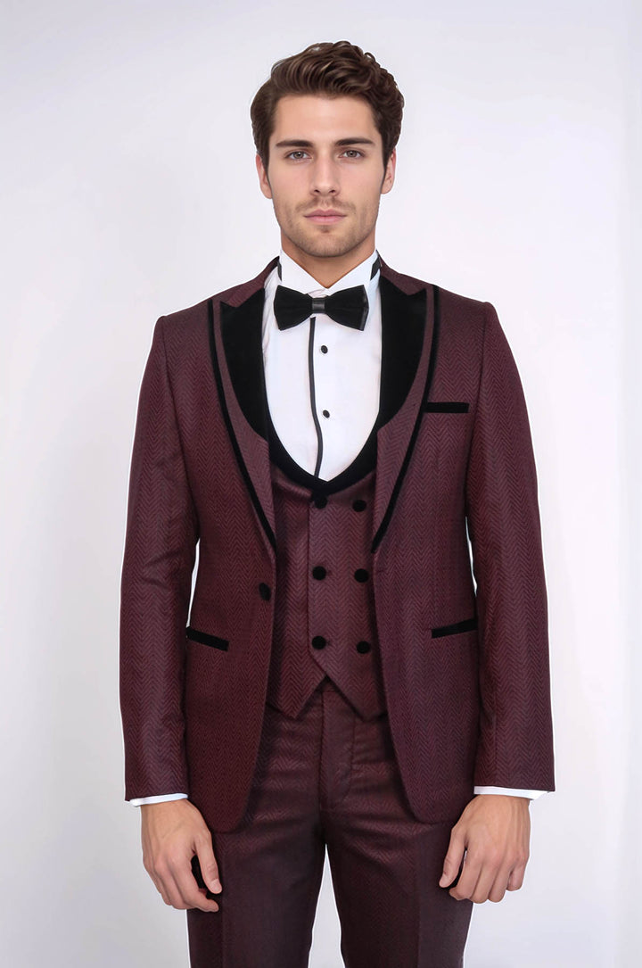 Smoking Homme Bordeaux à Motifs à Revers en Velours - Wessi
