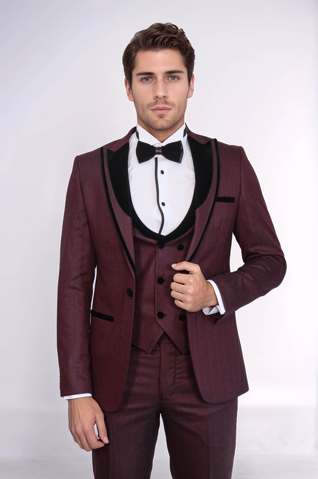 Smoking Homme Bordeaux à Motifs à Revers en Velours - Wessi