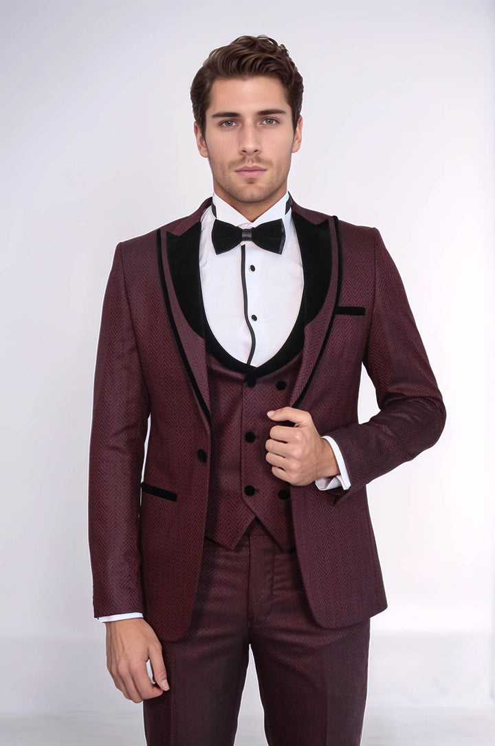 Smoking Homme Bordeaux à Motifs à Revers en Velours - Wessi