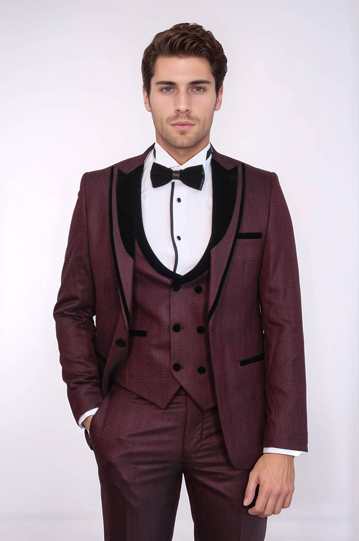 Smoking Homme Bordeaux à Motifs à Revers en Velours - Wessi