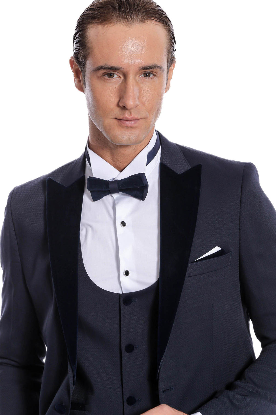 Velvet Lapel Slim Fit Navy Blue Men Tuxedo - Wessi