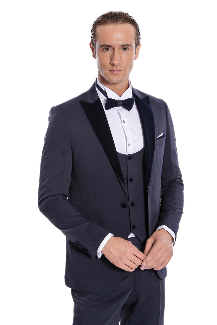 Velvet Lapel Slim Fit Navy Blue Men Tuxedo - Wessi