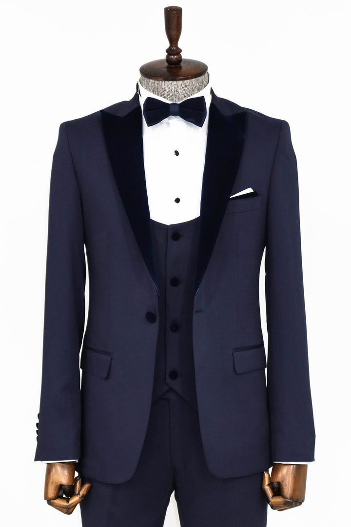 Smoking Homme Bleu Marine Coupe Slim à Revers en Velours - Wessi