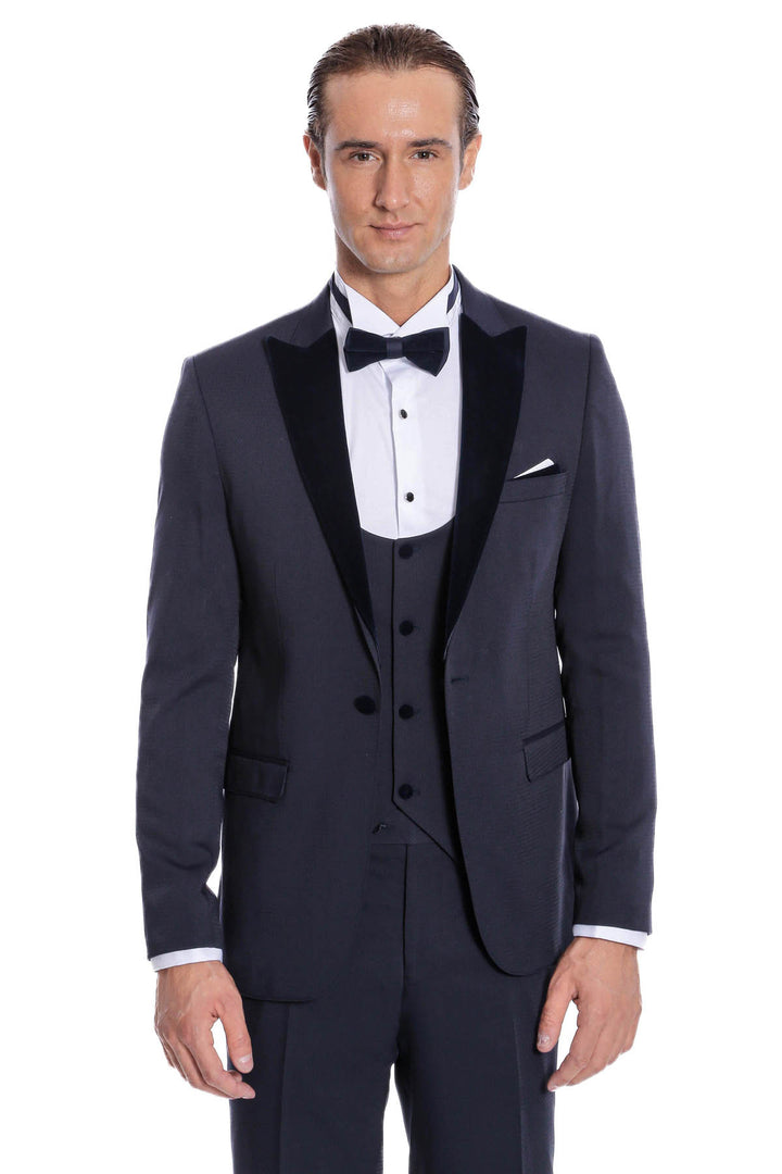 Velvet Lapel Slim Fit Navy Blue Men Tuxedo - Wessi