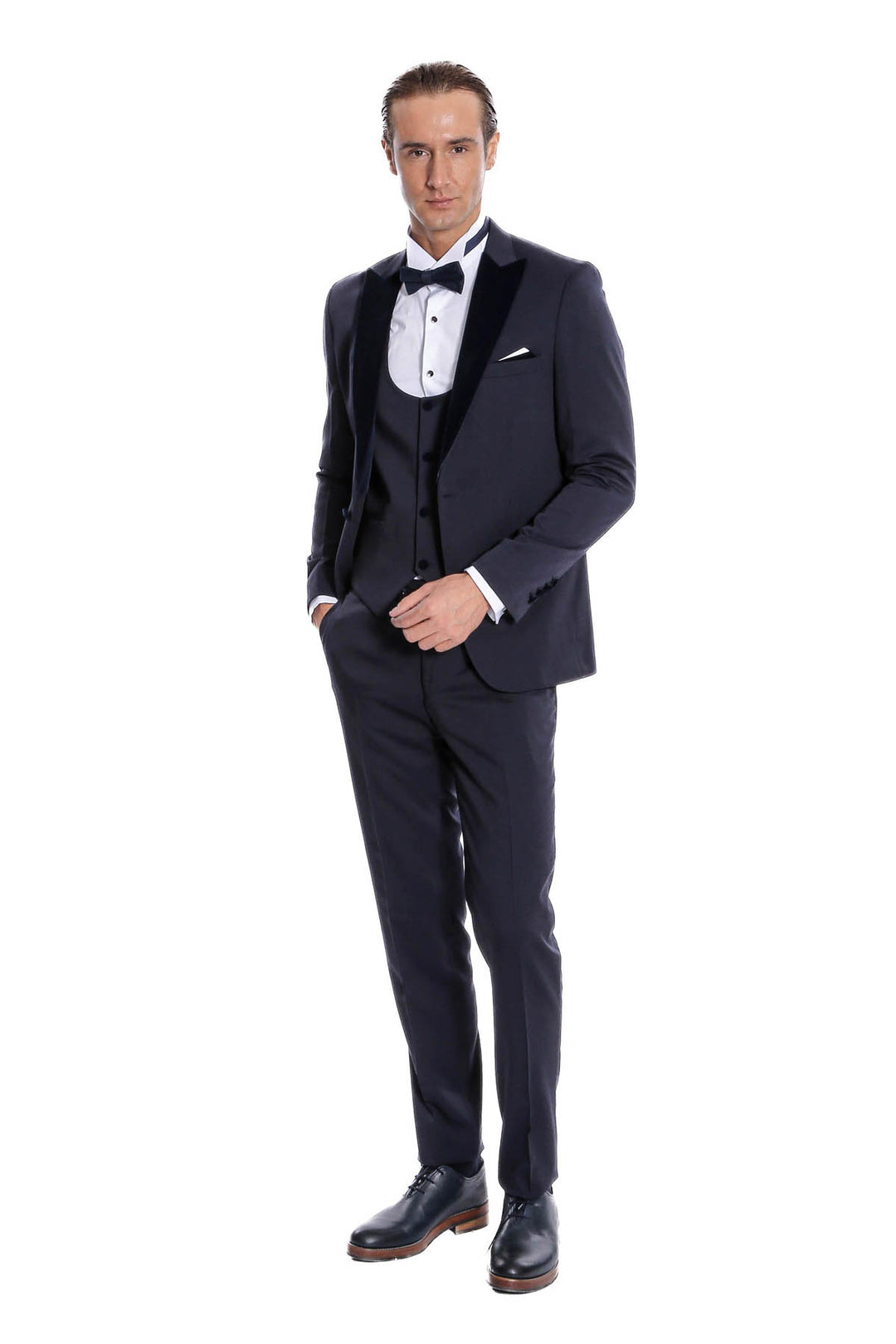 Velvet Lapel Slim Fit Navy Blue Men Tuxedo - Wessi