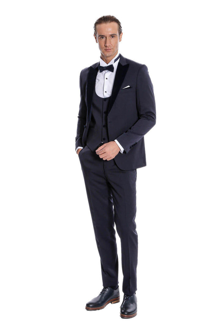 Velvet Lapel Slim Fit Navy Blue Men Tuxedo - Wessi