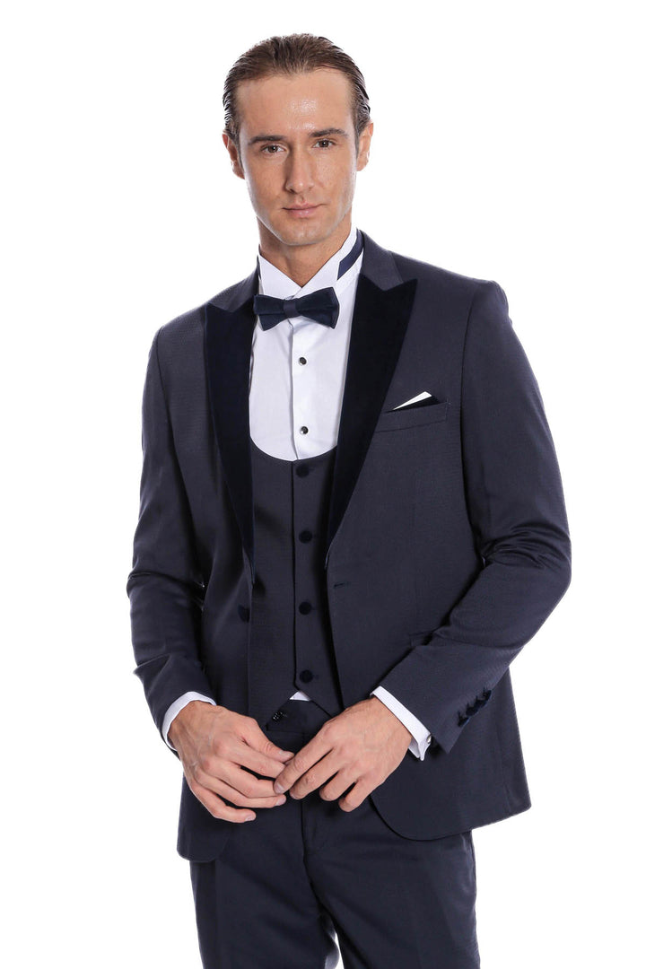 Velvet Lapel Slim Fit Navy Blue Men Tuxedo - Wessi