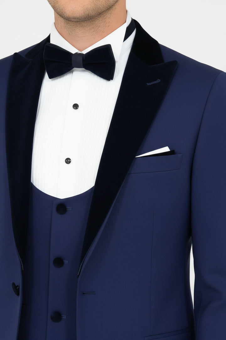 Velvet Lapel Slim Fit Blue Men Suit - Wessi