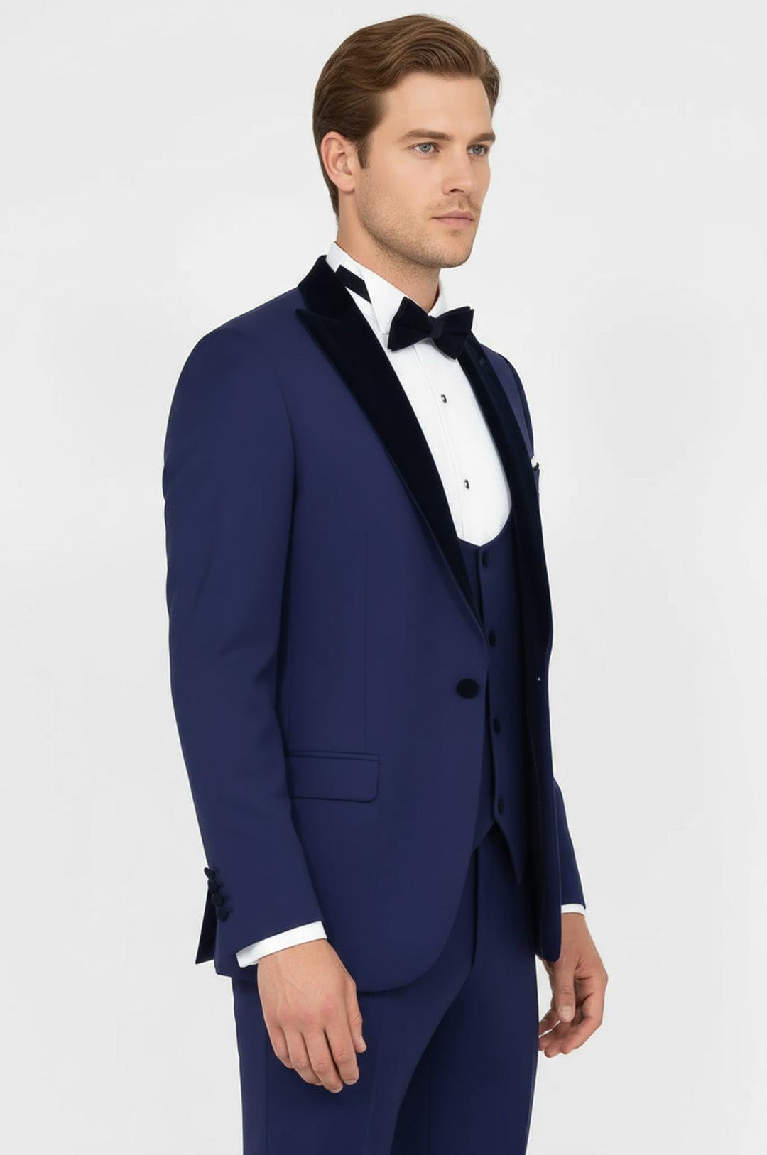 Velvet Lapel Slim Fit Blue Men Suit - Wessi