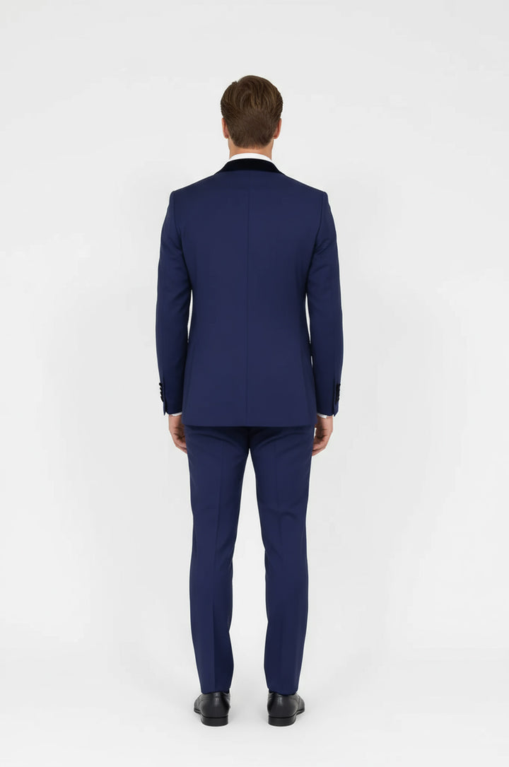 Velvet Lapel Slim Fit Blue Men Suit - Wessi