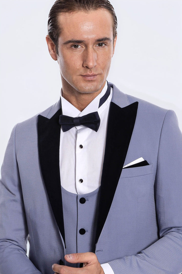 Traje de hombre azul claro slim fit con solapa de terciopelo - Wessi