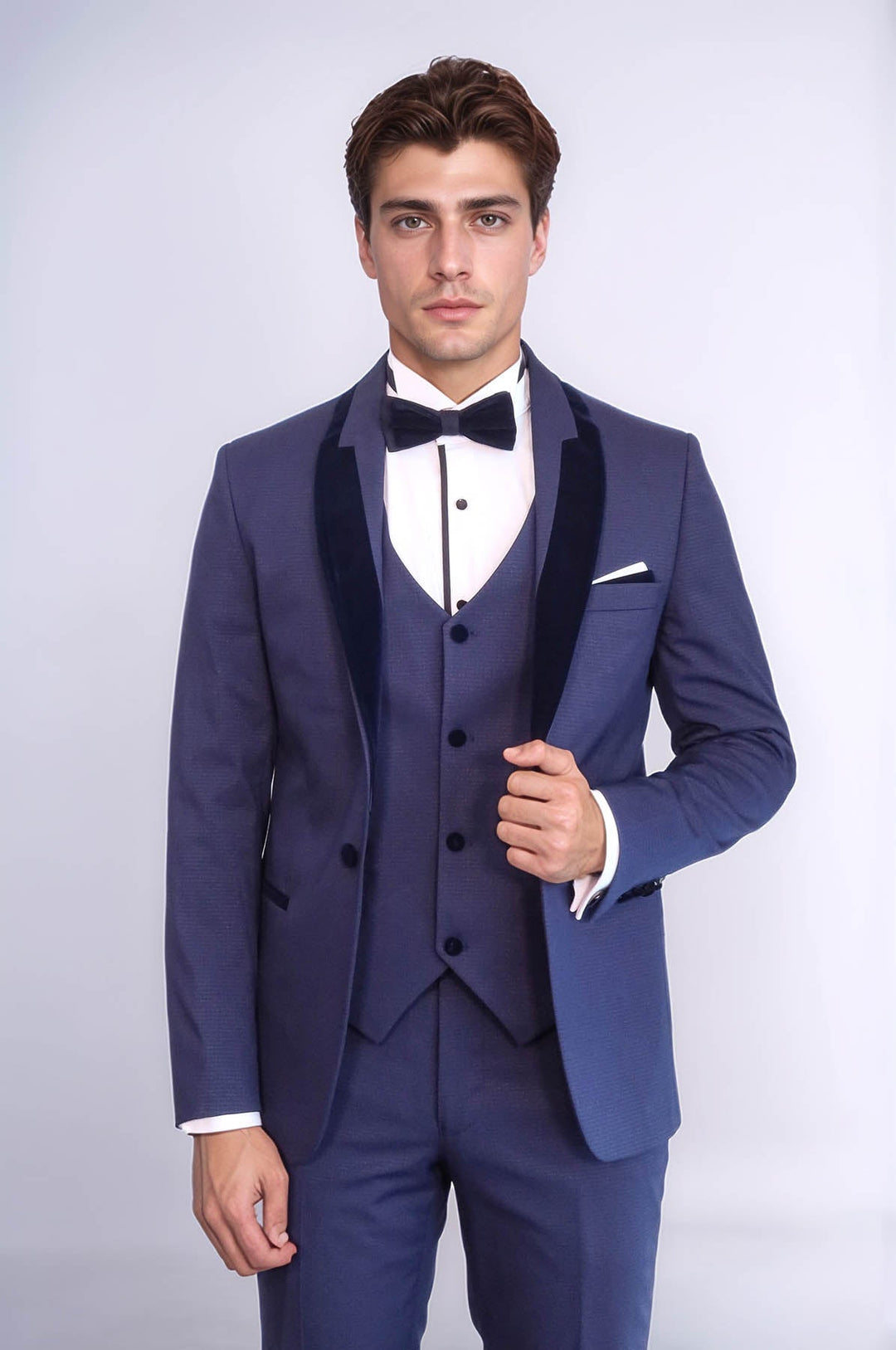 Patterned Velvet Lapel Navy Blue Tuxedo - Wessi