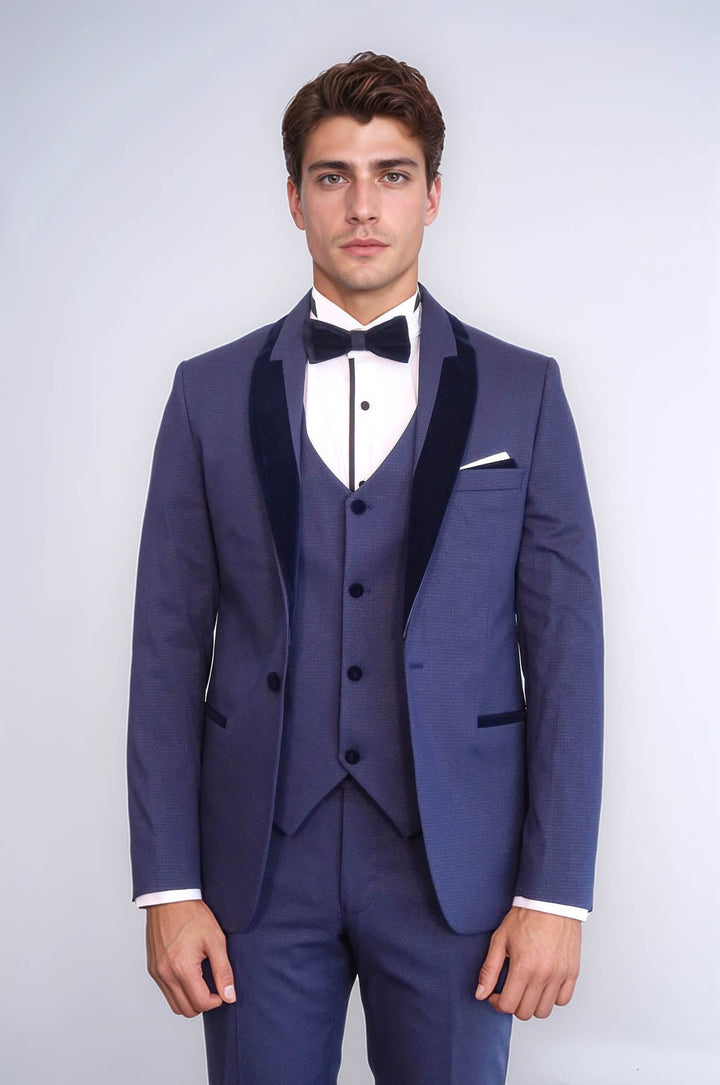 Patterned Velvet Lapel Navy Blue Tuxedo - Wessi