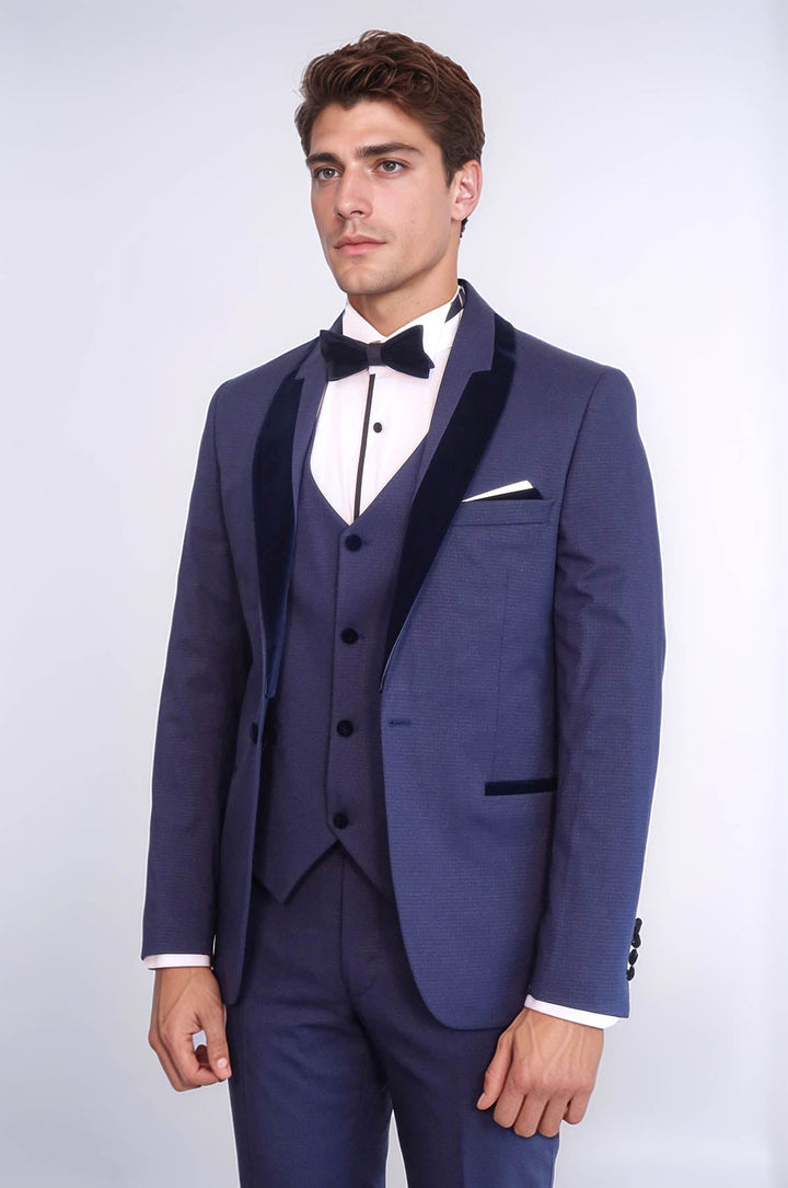 Patterned Velvet Lapel Navy Blue Tuxedo - Wessi