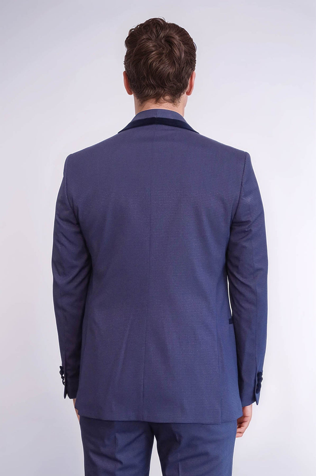 Patterned Velvet Lapel Navy Blue Tuxedo - Wessi