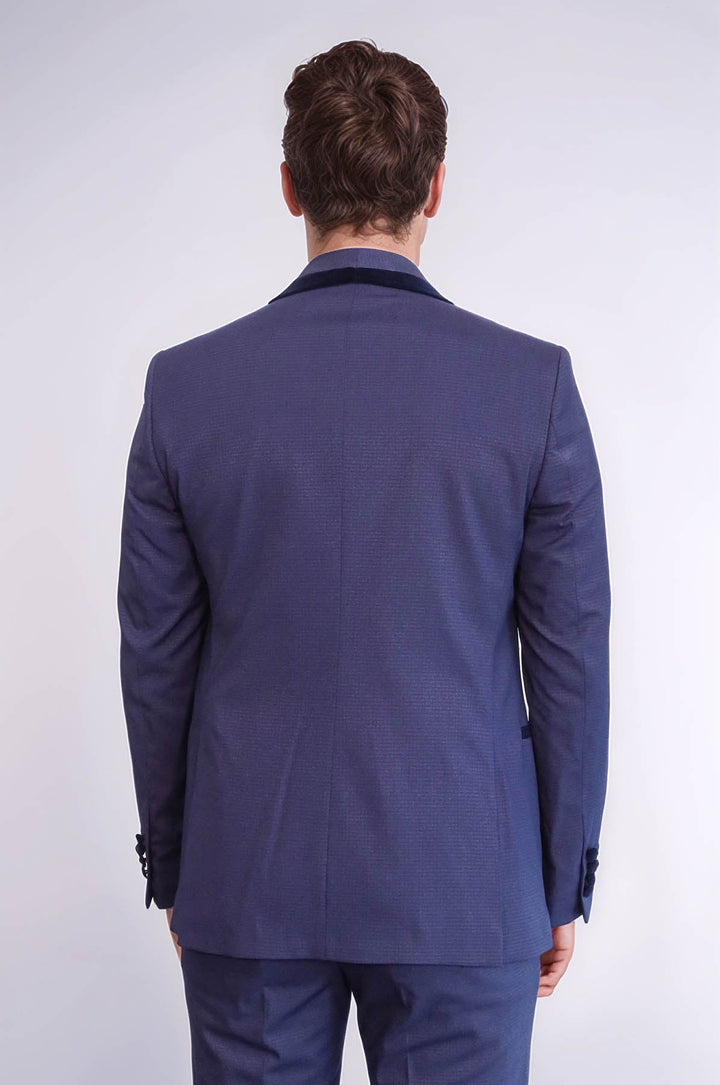 Patterned Velvet Lapel Navy Blue Tuxedo - Wessi
