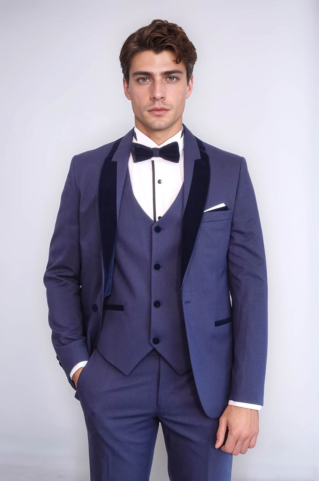 Patterned Velvet Lapel Navy Blue Tuxedo - Wessi
