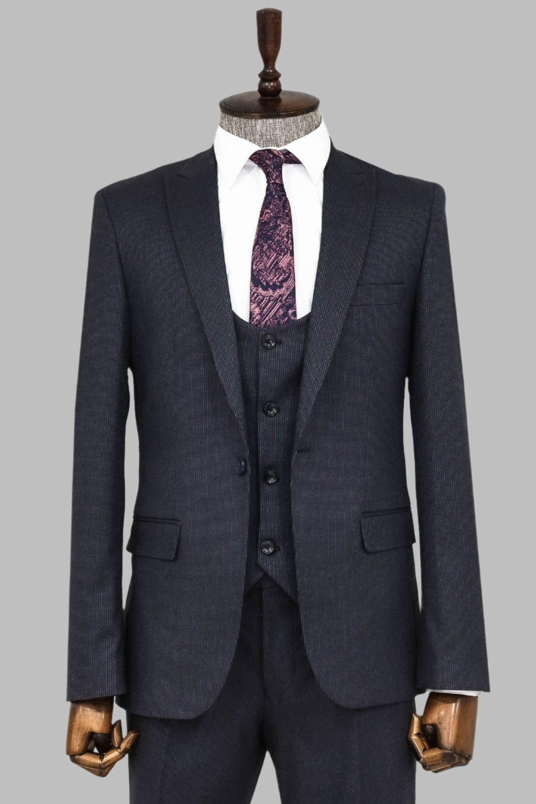 Slim Fit Patterned Navy Blue Men Suit - Wessi