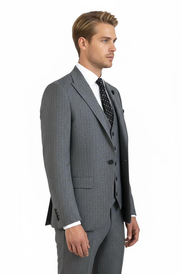 Striped Vested Grey Men's Suit    - Wessi