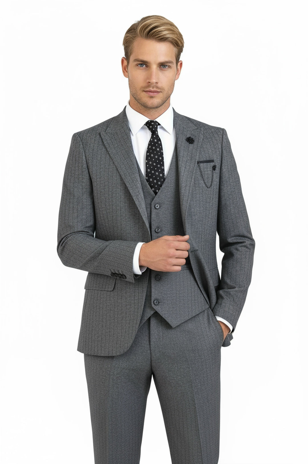 Striped Vested Grey Men's Suit    - Wessi