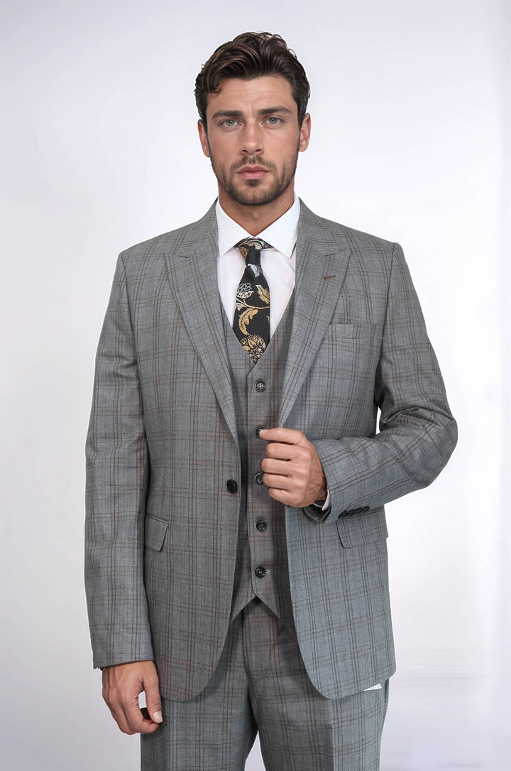 Traje de hombre gris ajustado a cuadros - Wessi