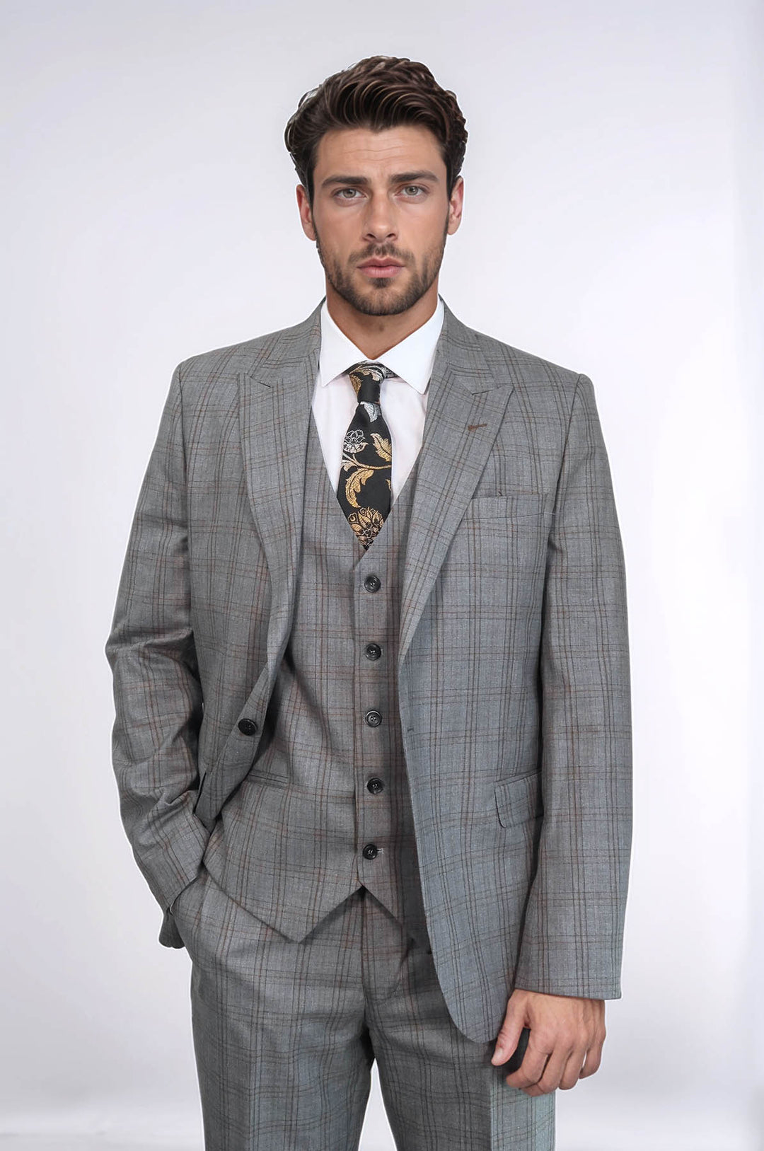 Traje de hombre gris ajustado a cuadros - Wessi
