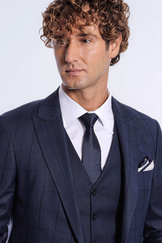 Abito da uomo blu navy slim fit gilet a quadri - Wessi