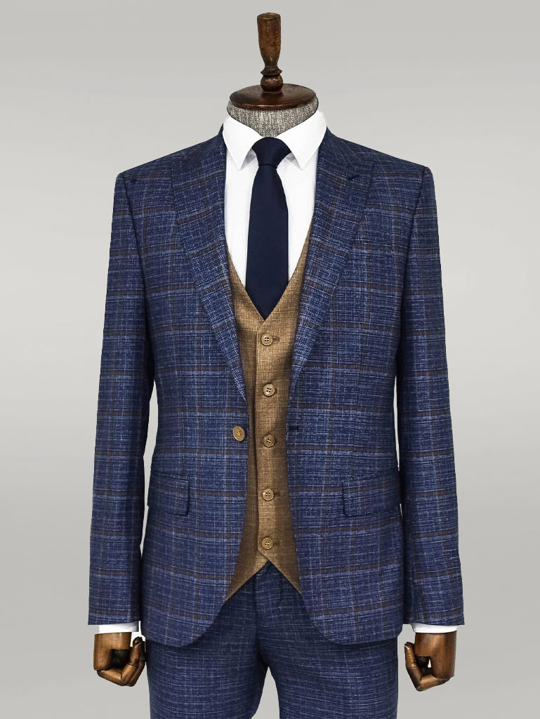 Abito da uomo blu navy con vestibilità slim a quadri - Wessi