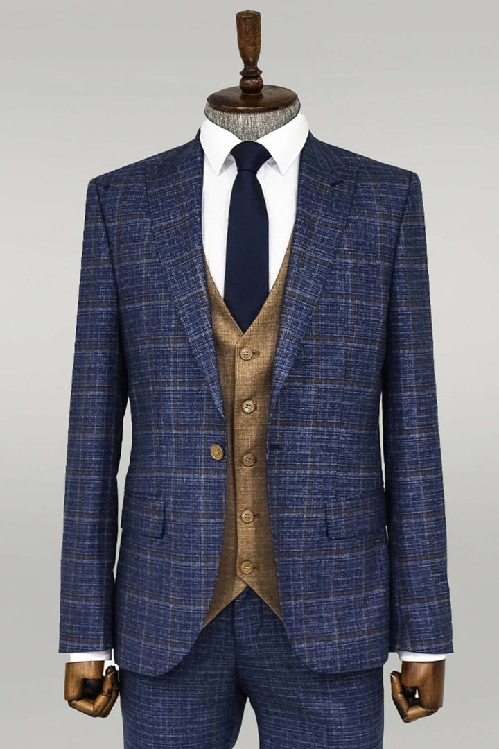 Abito da uomo blu navy con vestibilità slim a quadri - Wessi