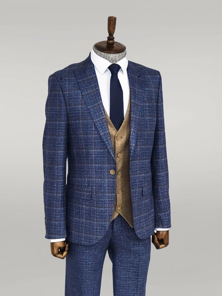 Abito da uomo blu navy con vestibilità slim a quadri - Wessi