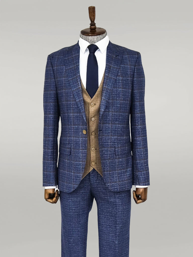 Abito da uomo blu navy con vestibilità slim a quadri - Wessi