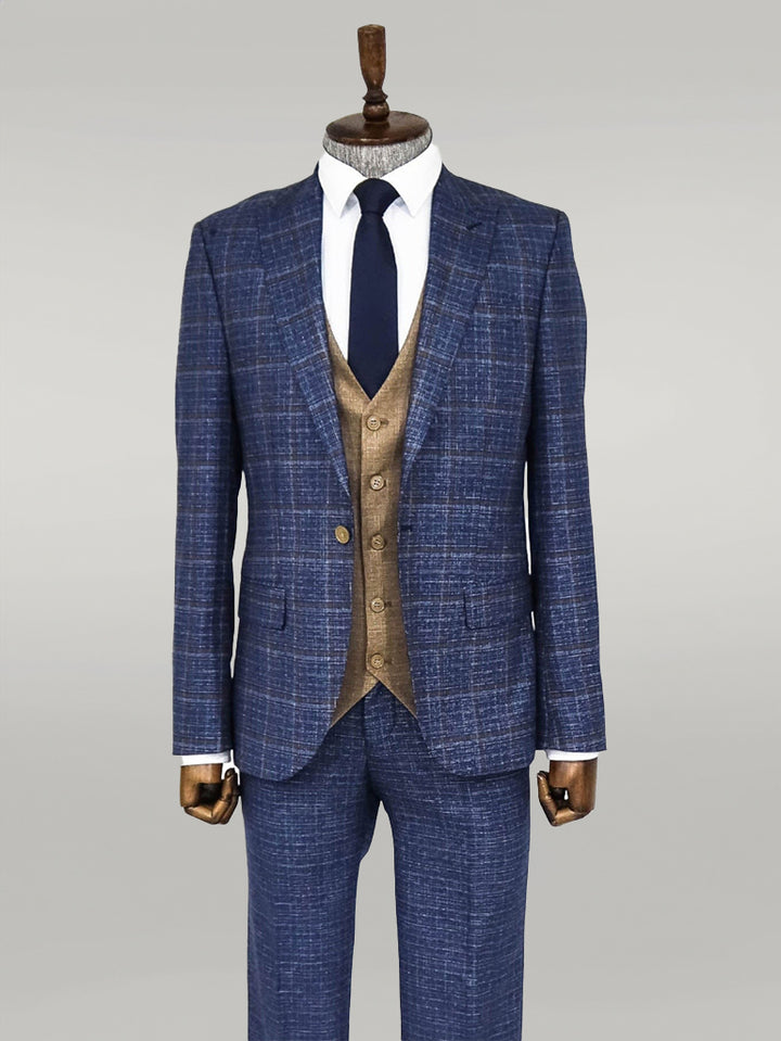 Abito da uomo blu navy con vestibilità slim a quadri - Wessi