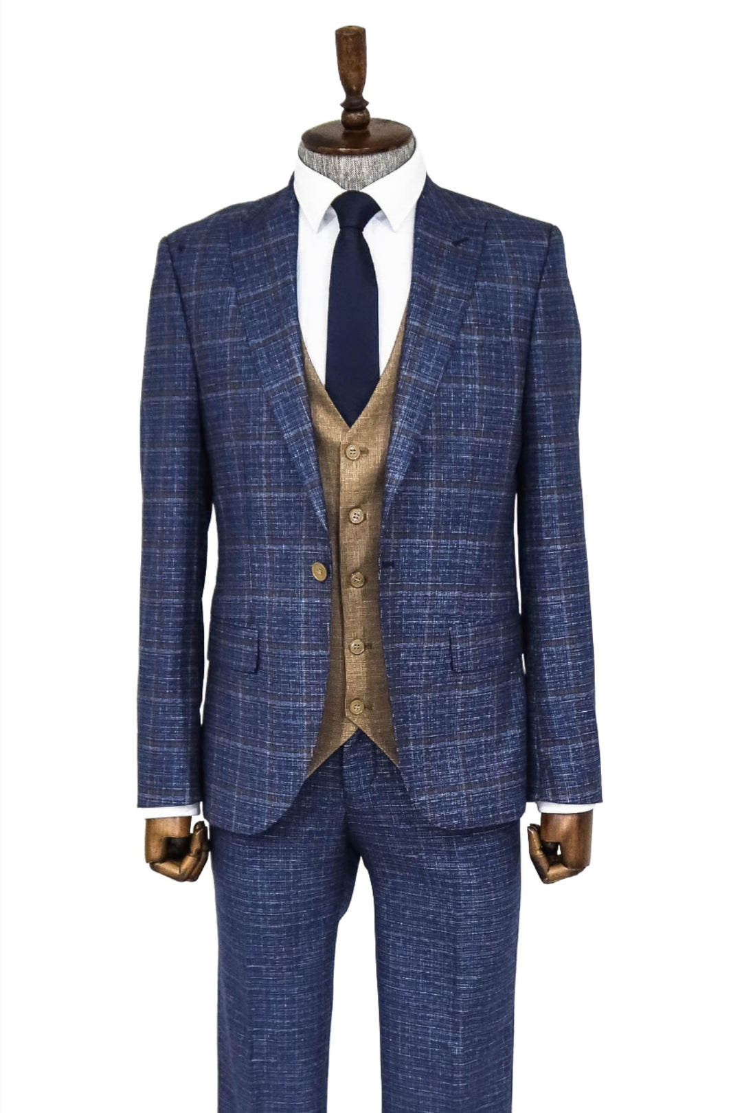 Slim Fit Checked Patterned Navy Blue Men Suit - Wessi