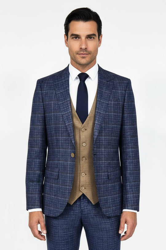 Traje hombre slim fit azul marino estampado cuadros - Wessi