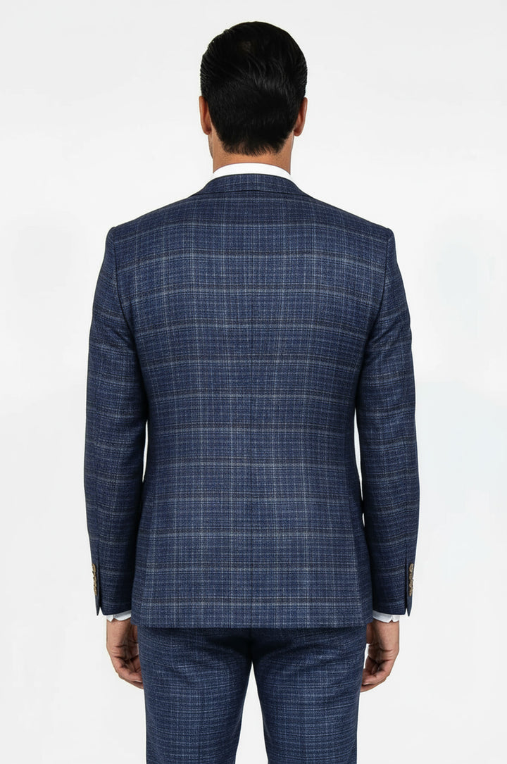 Slim Fit Checked Patterned Navy Blue Men Suit - Wessi