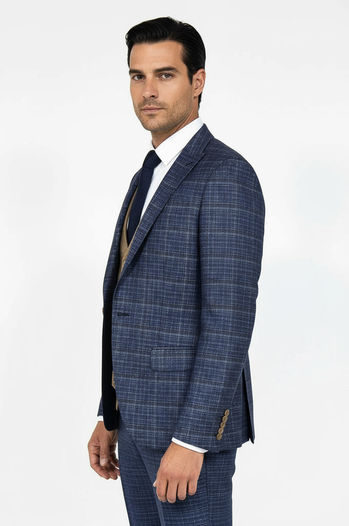 Slim Fit Checked Patterned Navy Blue Men Suit - Wessi