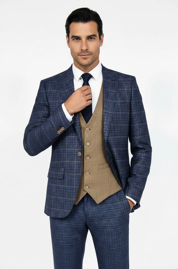 Slim Fit Checked Patterned Navy Blue Men Suit - Wessi
