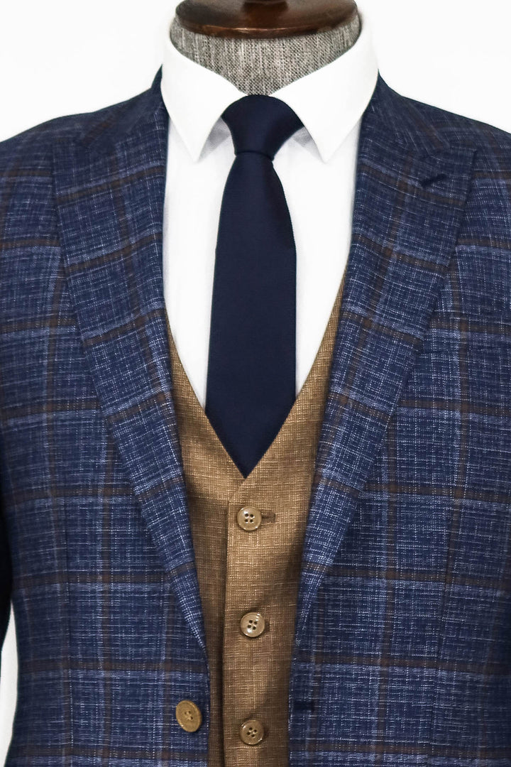 Slim Fit Checked Patterned Navy Blue Men Suit - Wessi