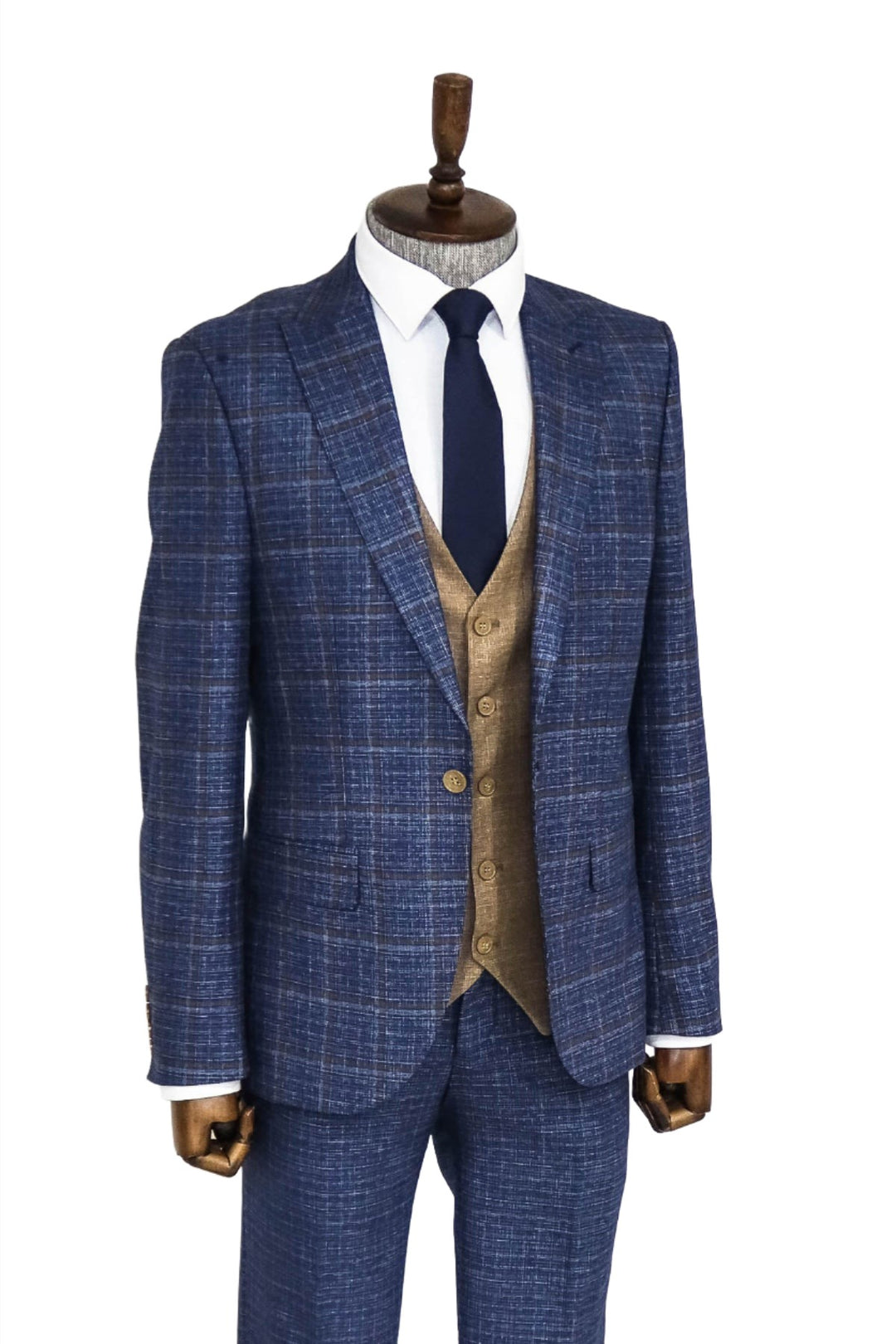 Slim Fit Checked Patterned Navy Blue Men Suit - Wessi