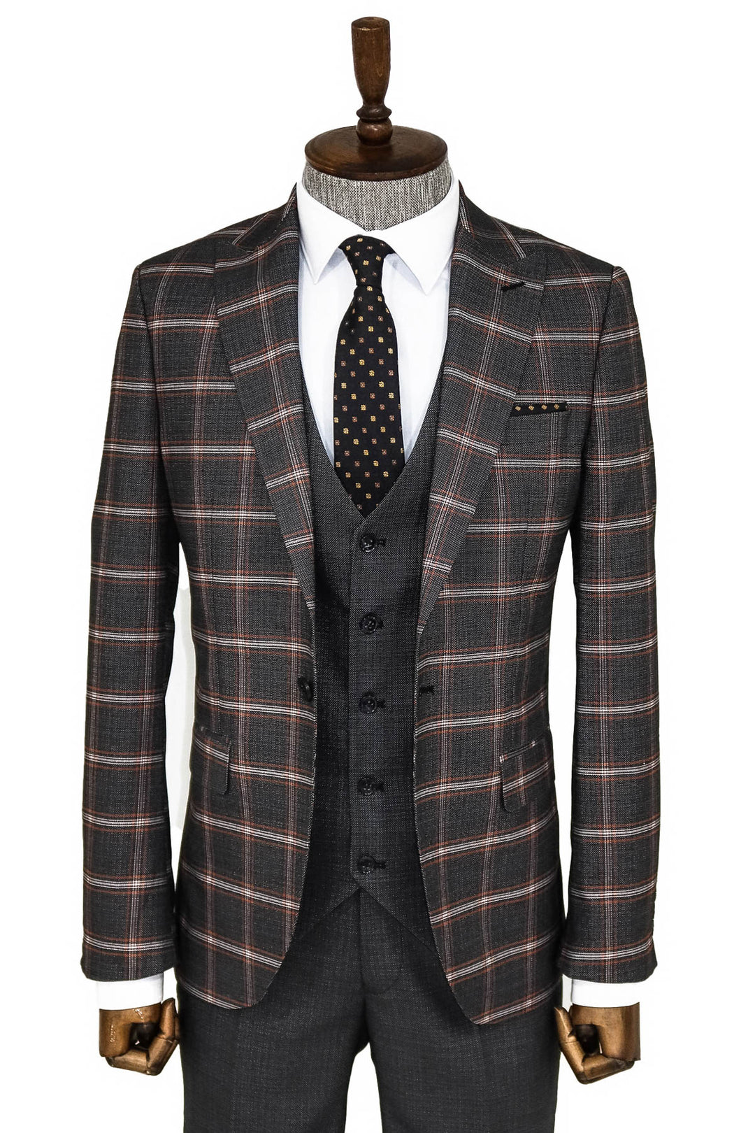 Checked Patterned Black Slim Fit Suit - Wessi